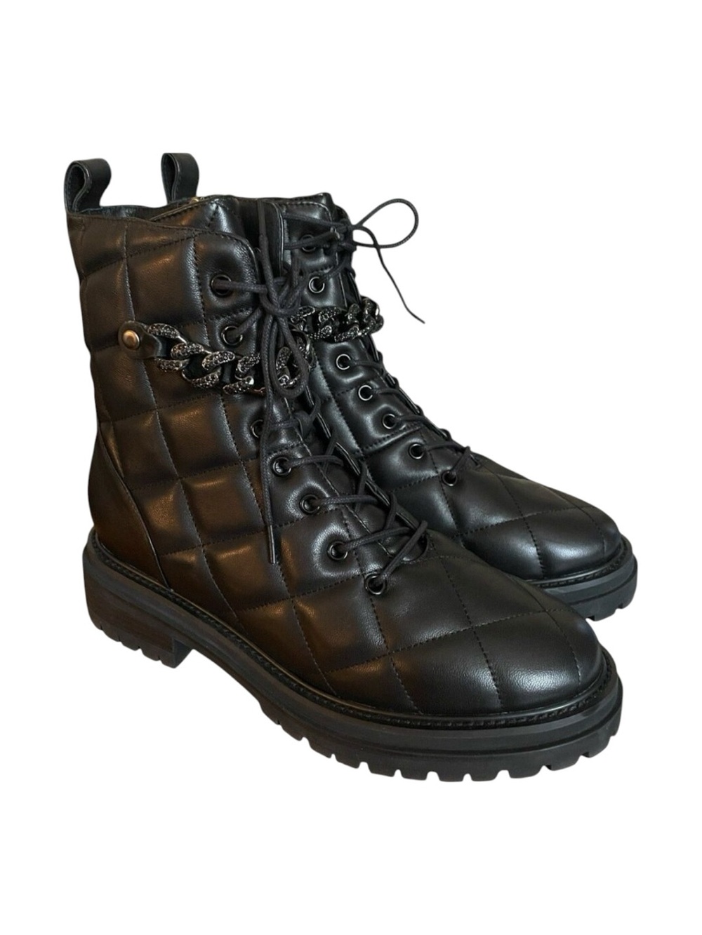 Lola Cruz Combat Moto Boots Sz EU 37 US 7 Black Leather Quilted Rhinestone Chain